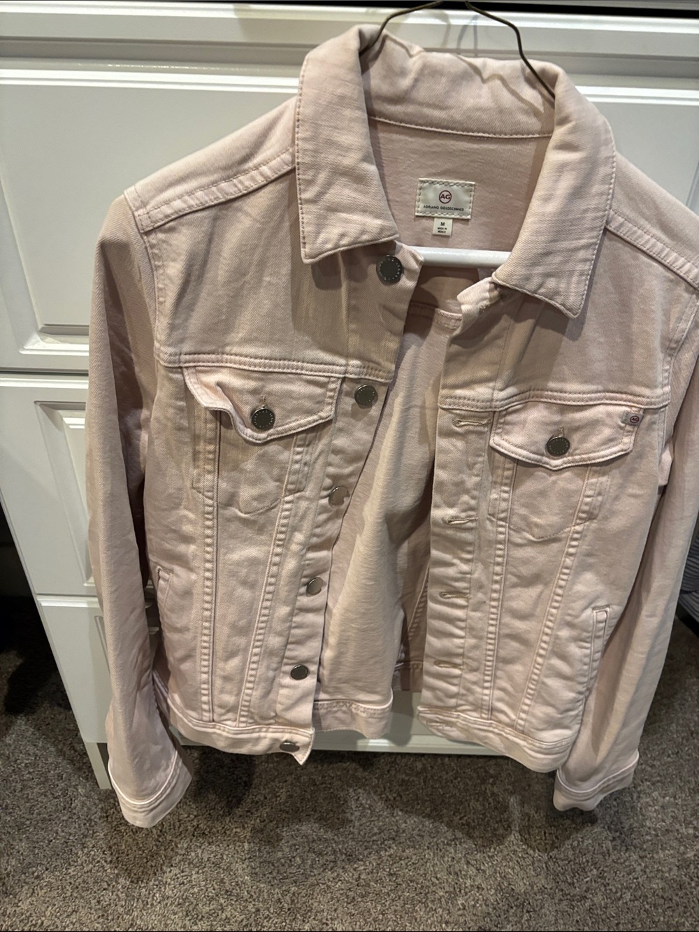 AG Adriano Goldschmied Pale Blush Pink Denim Trucker Jacket